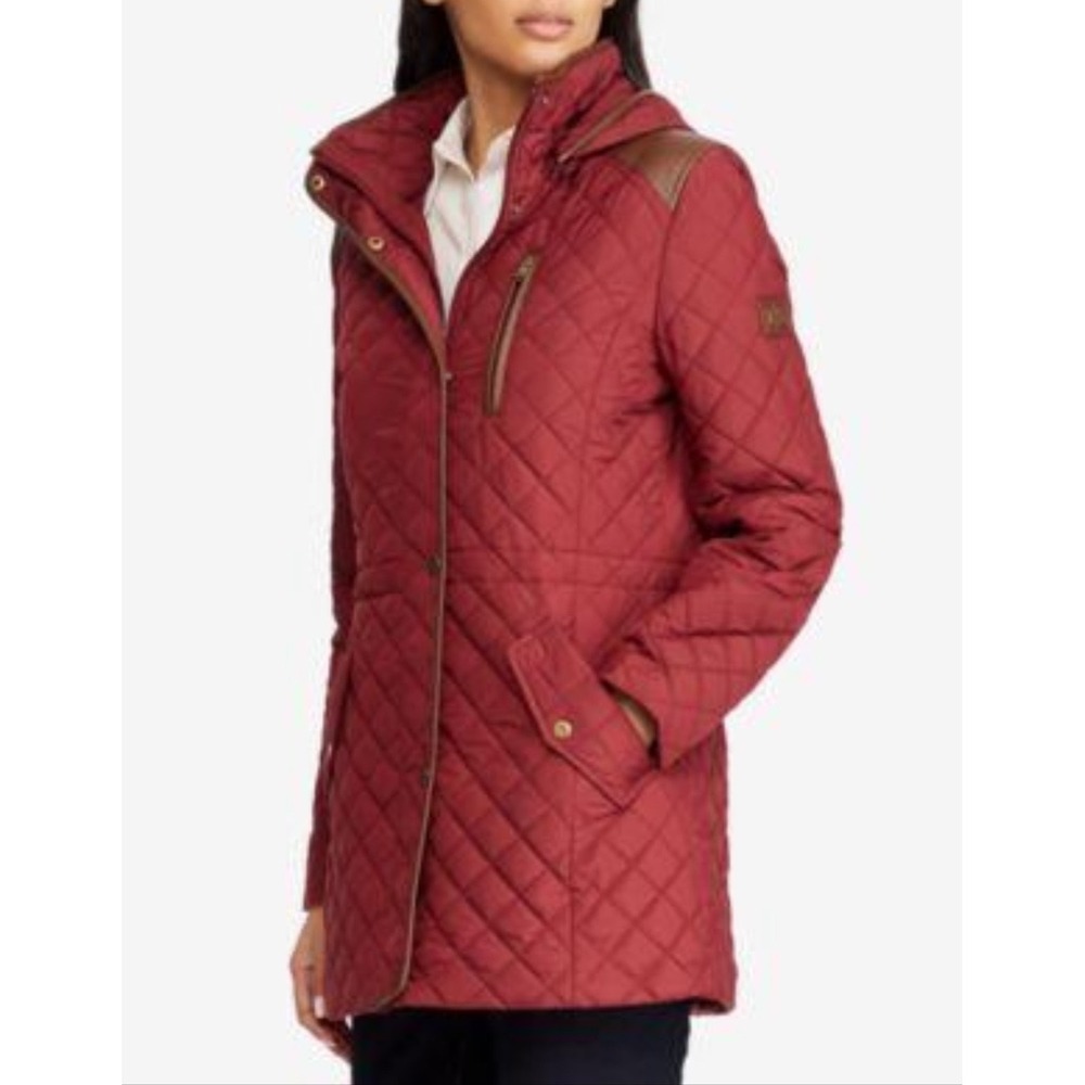 Lauren Ralph Lauren Red Quilted Barn Jacket Faux Leather Trim Hooded 3X Plus